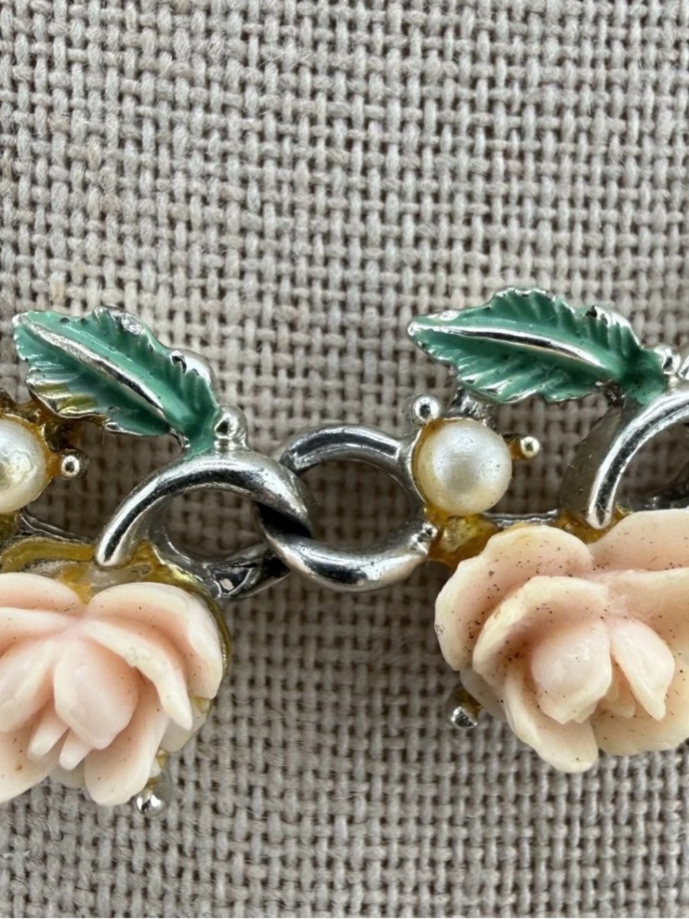 Pink Celluloid Roses With Green Leaves And Small Faux Pearls Necklace - Picture 6 of 12
